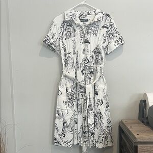 Karl Lagerfeld Monochrome Cityscape Dress womens 10 short sleeve belted